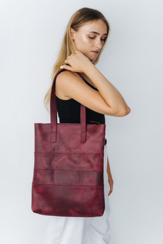 Класична жіноча сумка шоппер арт. 603 ручної роботи з натуральної вінтажної шкіри бордового кольору 603_green Boorbon