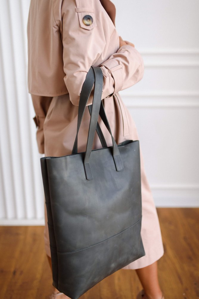Классическая женская сумка шоппер арт. 603 ручной работы из натуральной винтажной кожи серого цвета 603_green Boorbon