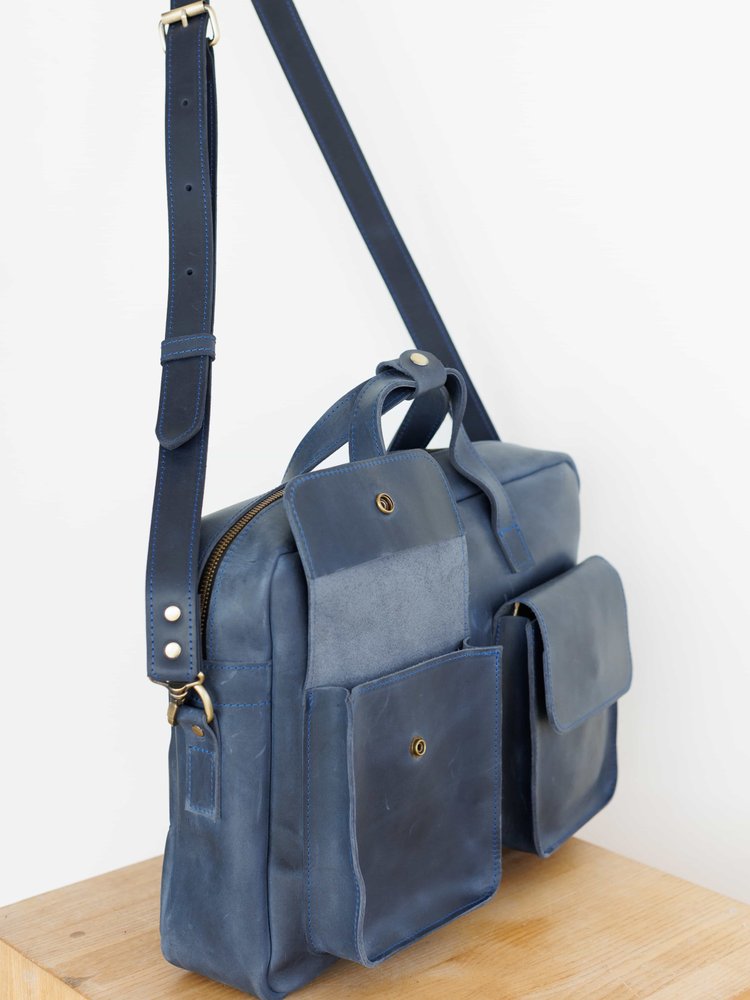 Мужская винтажная деловая сумка арт. 623 ручной работы из натуральной кожи синего цвета 623_blue Boorbon