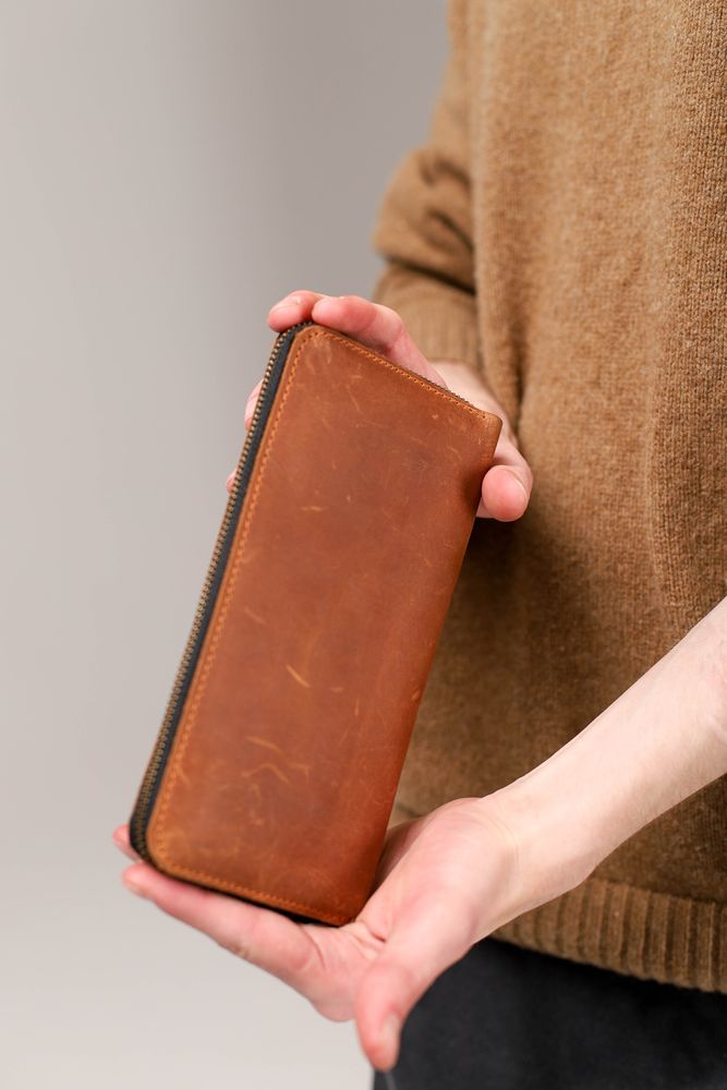Мужское портмоне-клатч ручной работы арт. 216 коньячного цвета из натуральной винтажной кожи 216_grey_crazy Boorbon