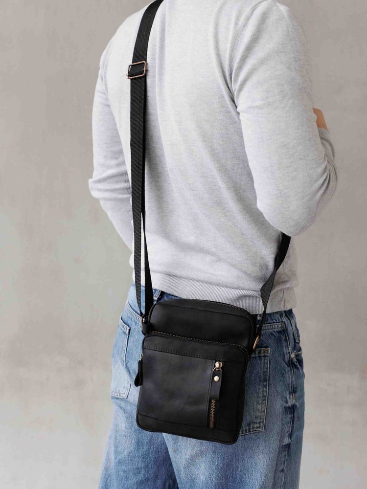 Мужская сумка мессенджер через плечо арт. 634 ручной работы из натуральной винтажной кожи черного цвета 634_black Boorbon