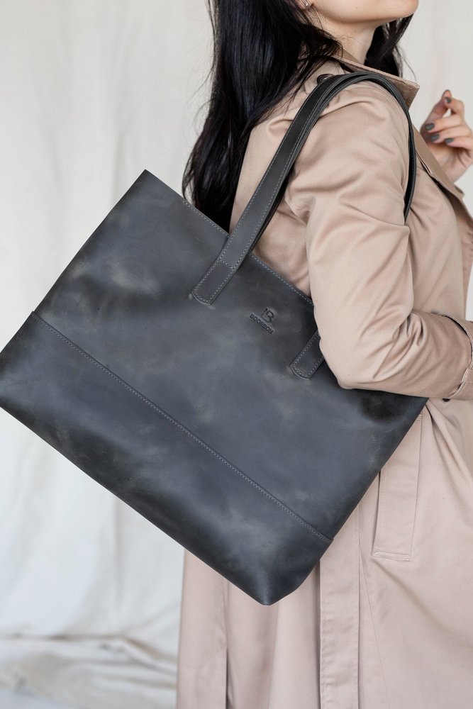 Вместительная женская сумка шоппер арт. 603i темно-серого цвета из натуральной винтажной кожи 603i_black_crzhh Boorbon