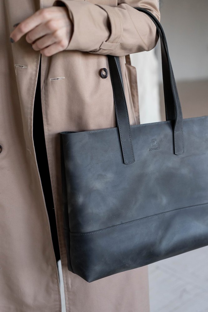 Вместительная женская сумка шоппер арт. 603i темно-серого цвета из натуральной винтажной кожи 603i_black_crzhh Boorbon