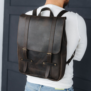 Місткий чоловічий міський рюкзак ручної роботи арт. 501 з натуральної вінтажної шкіри коричневого кольору