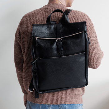 Стильний чоловічий рюкзак ручної роботи арт. Lumber з натуральної фактурної шкіри чорного кольору