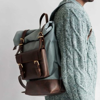 Функциональный мужской рюкзак ручной работы арт. Oksford из хлопка и натуральной винтажной кожи серого цвета Oksford_grey_crz Boorbon