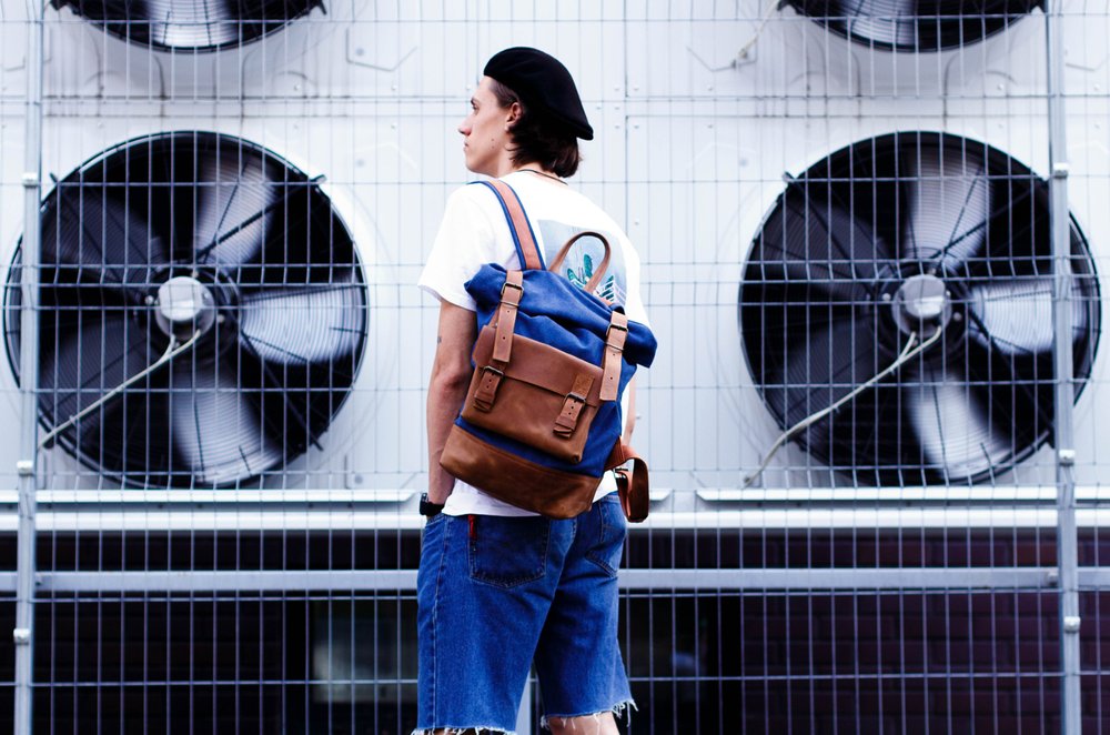 Функциональный мужской рюкзак арт. Oksford из хлопка и натуральной винтажной кожи коньячного цвета