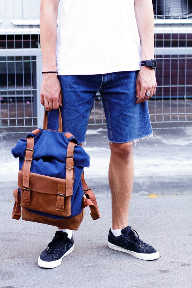 Функціональний чоловічий рюкзак ручної роботи арт. Oksford з бавовни і натуральної вінтажної шкіри коньячного кольору