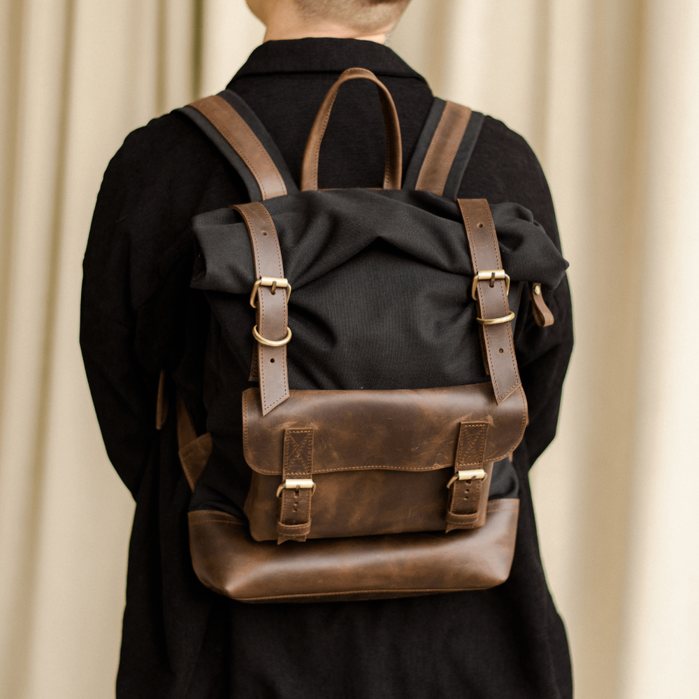 Функціональний чоловічий рюкзак ручної роботи арт. Oksford з бавовни і натуральної вінтажної шкіри коричневого кольору Oksford_grey_crz Boorbon