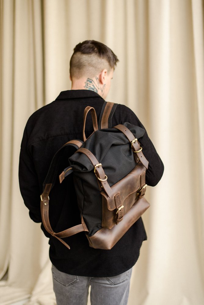 Функциональный мужской рюкзак ручной работы арт. Oksford из хлопка и натуральной винтажной кожи коричневого цвета