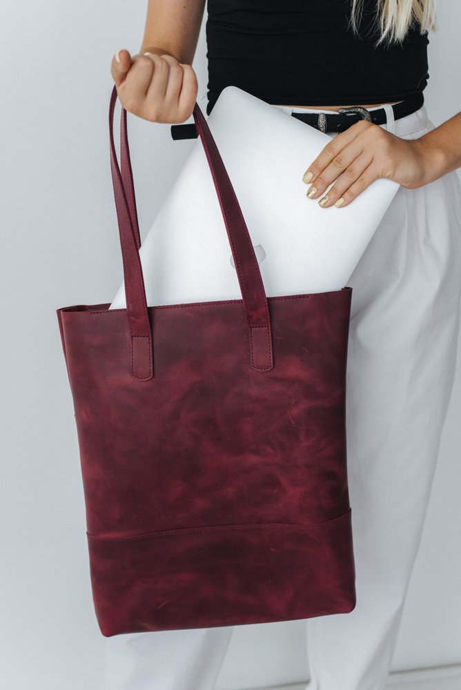 Класична жіноча сумка шоппер арт. 603 ручної роботи з натуральної вінтажної шкіри бордового кольору 603_green Boorbon