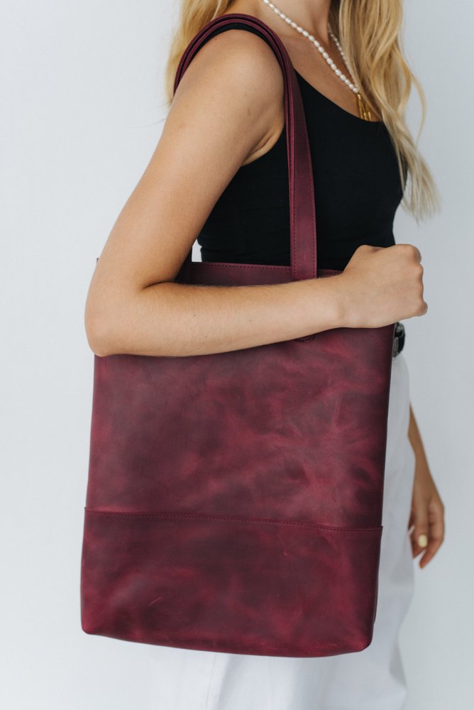 Класична жіноча сумка шоппер арт. 603 ручної роботи з натуральної вінтажної шкіри бордового кольору