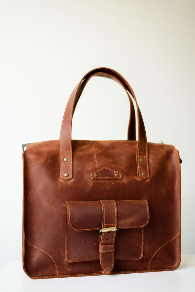 Універсальна жіноча ділова сумка арт. 604n ручної роботи з натуральної вінтажної шкіри коньячного кольору 604n_cognk_krast Boorbon