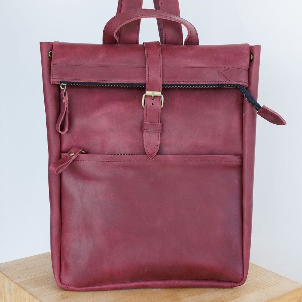 Стильный рюкзак ручной работы арт. Lumber из натуральной винтажной кожи бордового цвета