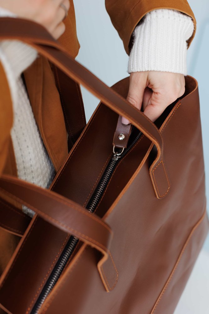 Вместительная женская сумка шоппер арт. 603i коньячного цвета из натуральной полуматовой кожи