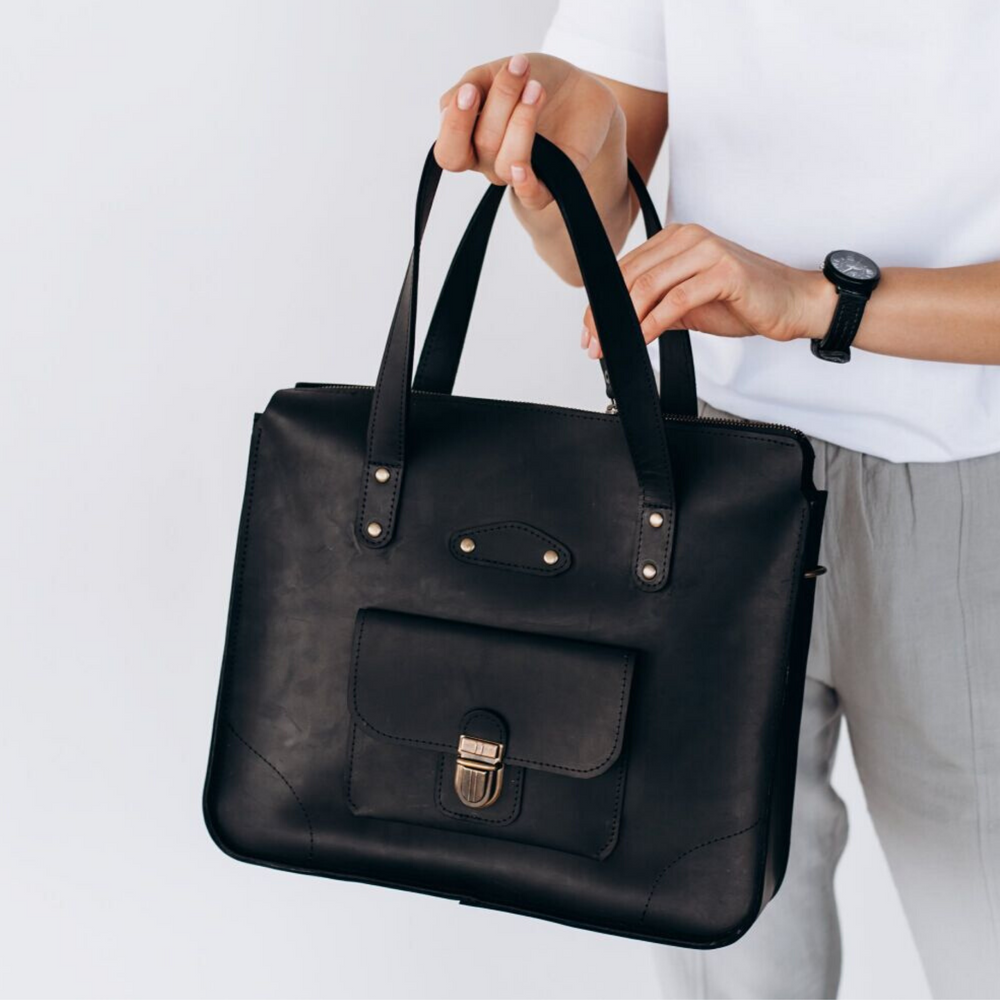 Универсальная женская деловая сумка арт. 604 ручной работы из натуральной винтажной кожи черного цвета 604_blk Boorbon