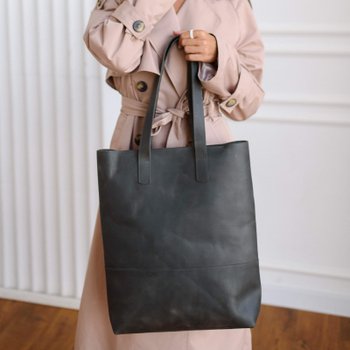 Классическая женская сумка шоппер арт. 603 ручной работы из натуральной винтажной кожи серого цвета