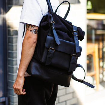 Функциональный мужской рюкзак ручной работы арт. Oksford из хлопка и натуральной винтажной кожи черного цвета Oksford_grey_crz Boorbon