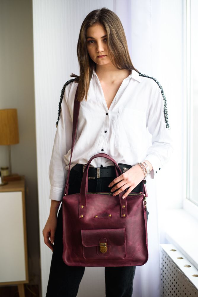 Универсальная женская деловая сумка арт. 604 ручной работы из натуральной винтажной кожи бордового цвета 604_bordo Boorbon