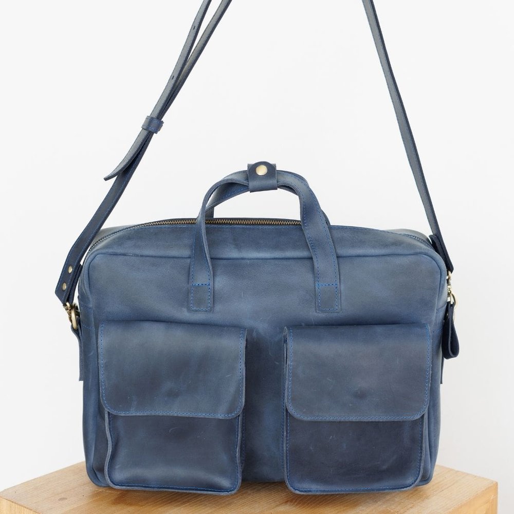 Чоловіча вінтажна ділова сумка арт. 623 ручної роботи з натуральної шкіри синього кольору 623_blue Boorbon