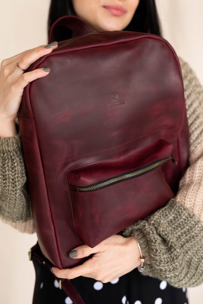 Женский городской рюкзак ручной работы арт. 511 из натуральной винтажной кожи бордового цвета