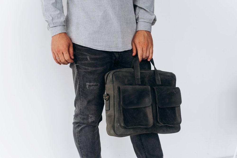 Мужская винтажная деловая сумка арт. 623 ручной работы из натуральной кожи темно-серого цвета 623_blue Boorbon