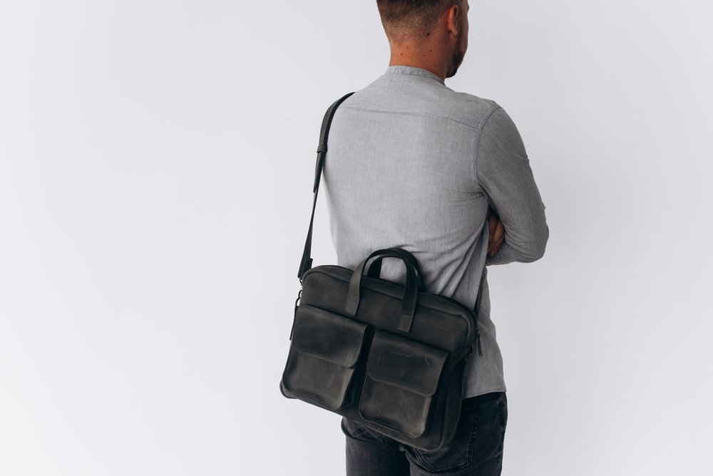 Мужская винтажная деловая сумка арт. 623 ручной работы из натуральной кожи темно-серого цвета