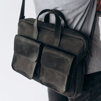 Мужская винтажная деловая сумка арт. 623 ручной работы из натуральной кожи темно-серого цвета