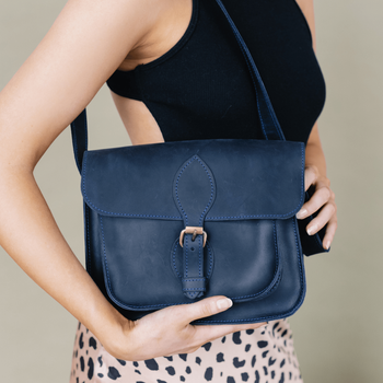Винтажная женская сумка через плечо арт. 633 ручной работы из натуральной кожи синего цвета