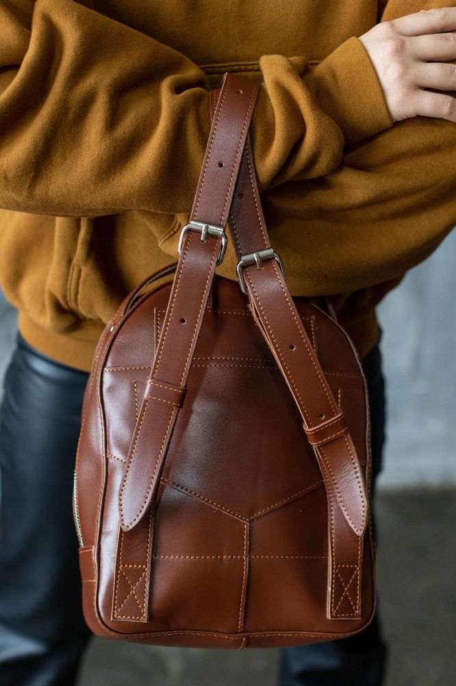 Жіночий міні-рюкзак ручної роботи арт.520 з натуральної шкіри з легким матовим ефектом коньячного кольору