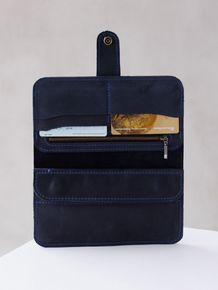 Стильное портмоне ручной работы арт. 202 из натуральной винтажной кожи синего цвета 202_black_sav Boorbon