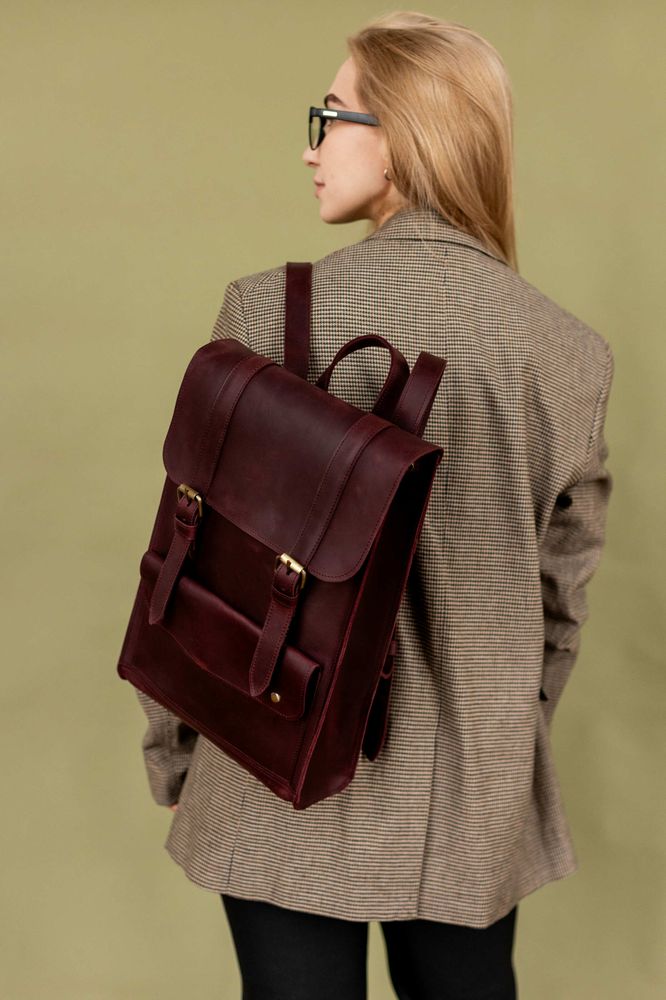 Місткий жіночий рюкзак ручної роботи арт. 510 з натуральної вінтажної шкіри бордового кольору 510_bordo Boorbon